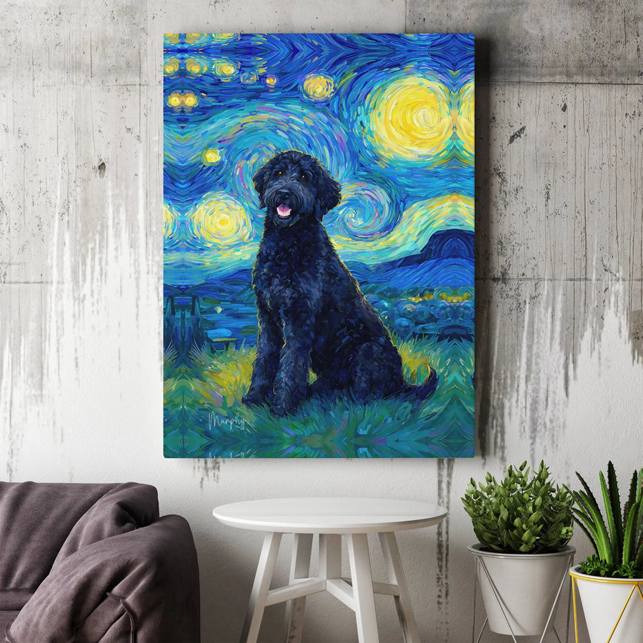 Black Labradoodle Wall Art | Starry Night Van Gogh Style Oil Painting | Premium Gallery Wrap Canvas | Unique Dog Lover Gift Home Decor