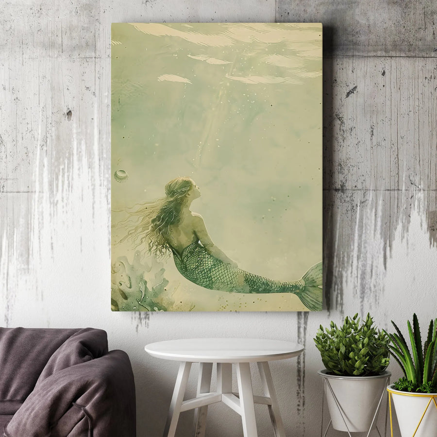 Mermaid Canvas Wall Art | Vintage Underwater Painting Print | Premium Gallery Wrapped Canvas | Nautical Fantasy Home Decor Gift