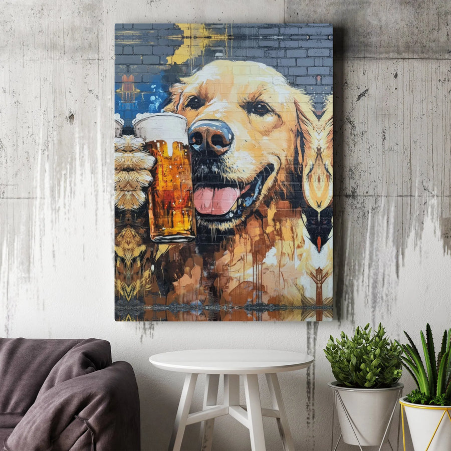 Golden Retriever Beer Canvas Art | Street Graffiti Dog Portrait | Premium 1.25-Inch Gallery Wrap | Funny Man Cave Bar Decor Gift