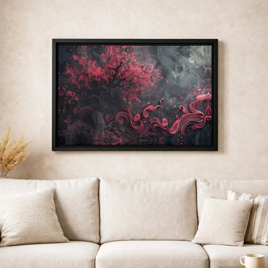 Dark Fantasy Cherry Blossom Canvas | Pink Sakura Tree With Surreal Swirls | Premium Gallery-Wrapped Art | Moody Bedroom Wall Decor