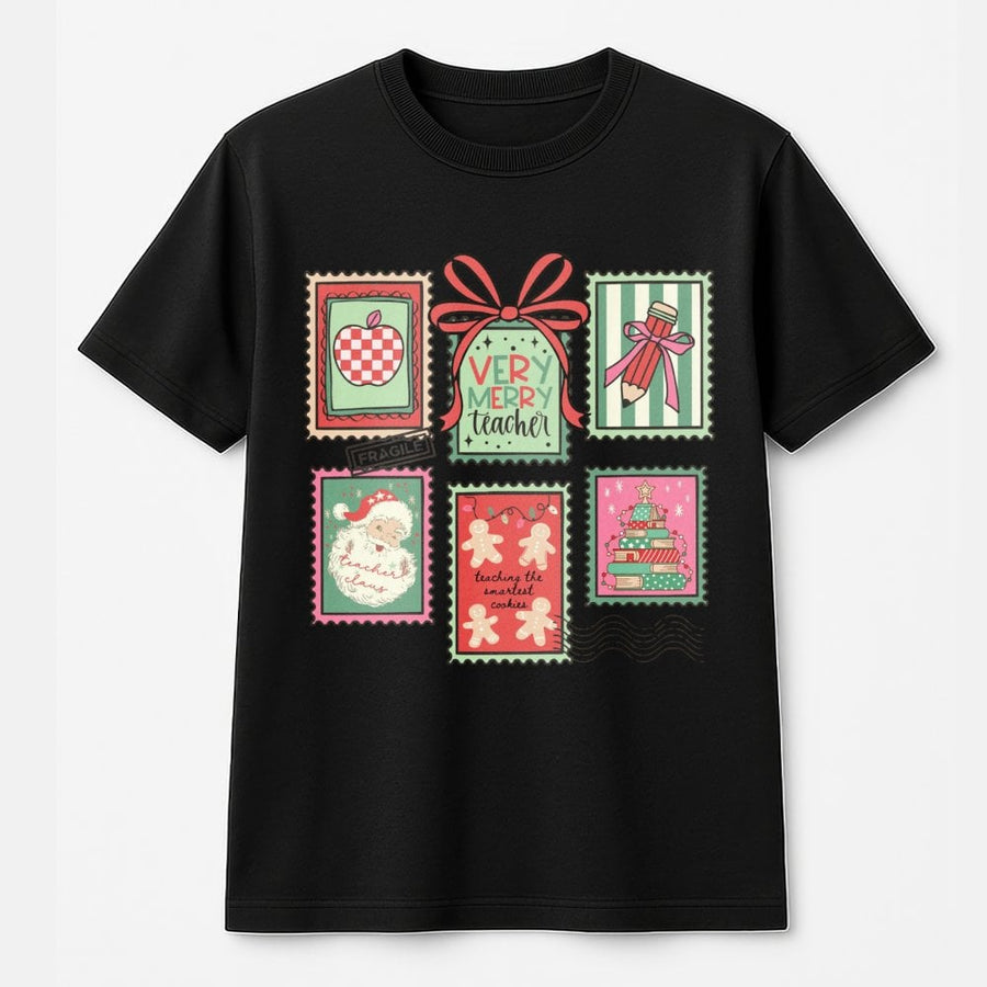 Teacher Christmas T-Shirt | Vintage Stamp Holiday Design | Premium Soft Cotton | Cute Educator Appreciation Gift