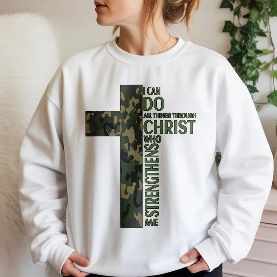 I Can Do All Things Through Christ Sweatshirt | Camo Cross Bible Verse | Premium Cotton Blend | Inspirational Religious Gift for Men and Women