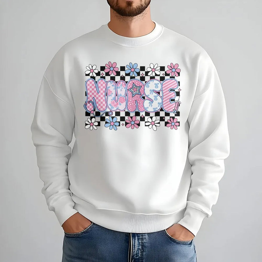 Nurse Sweatshirt | Preppy Checkered Floral Graphic | Premium Cotton Blend | Gift for Nurses RN CNA Graduation