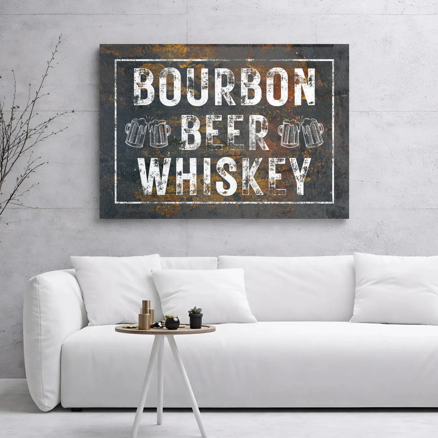 Bourbon Beer Whiskey Canvas Wall Art | Rustic Industrial Bar Sign | Premium Gallery Wrap Decor | Gift for Man Cave or Home Pub