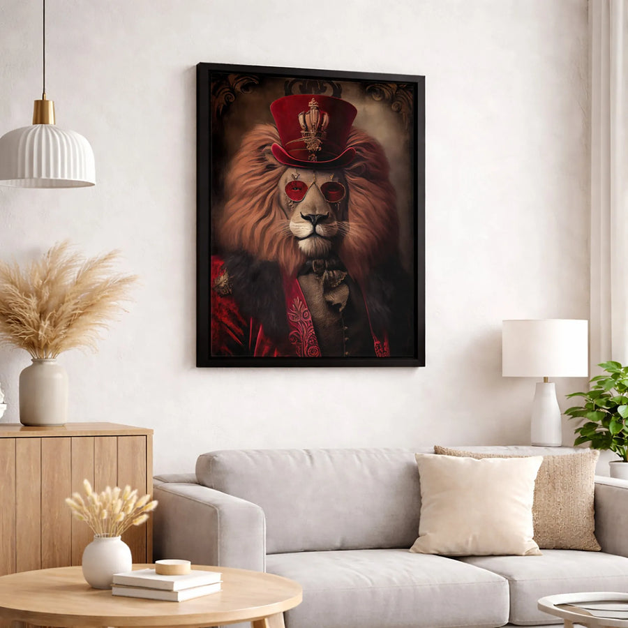 Dapper Lion Wall Art | Steampunk King Portrait in Red Top Hat | Premium Gallery Wrap Canvas | Unique Home Office Decor Gift