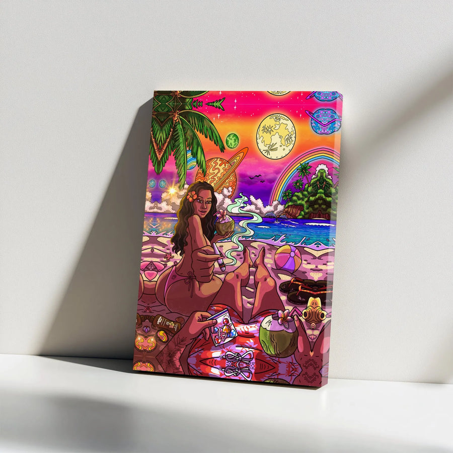 Psychedelic Beach Canvas Art | Trippy Stoner Aesthetic Decor | Gallery Wrap Premium Print | Unique Gift for Cannabis Enthusiasts