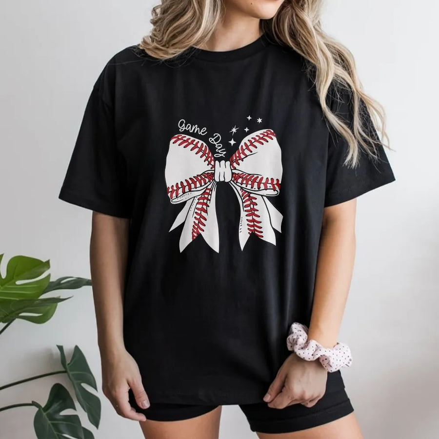 Baseball Bow T-Shirt | Cute Game Day Graphic Pullover | Soft Cotton-Poly Blend | Premium Gift for Baseball Mom and Sports Fan