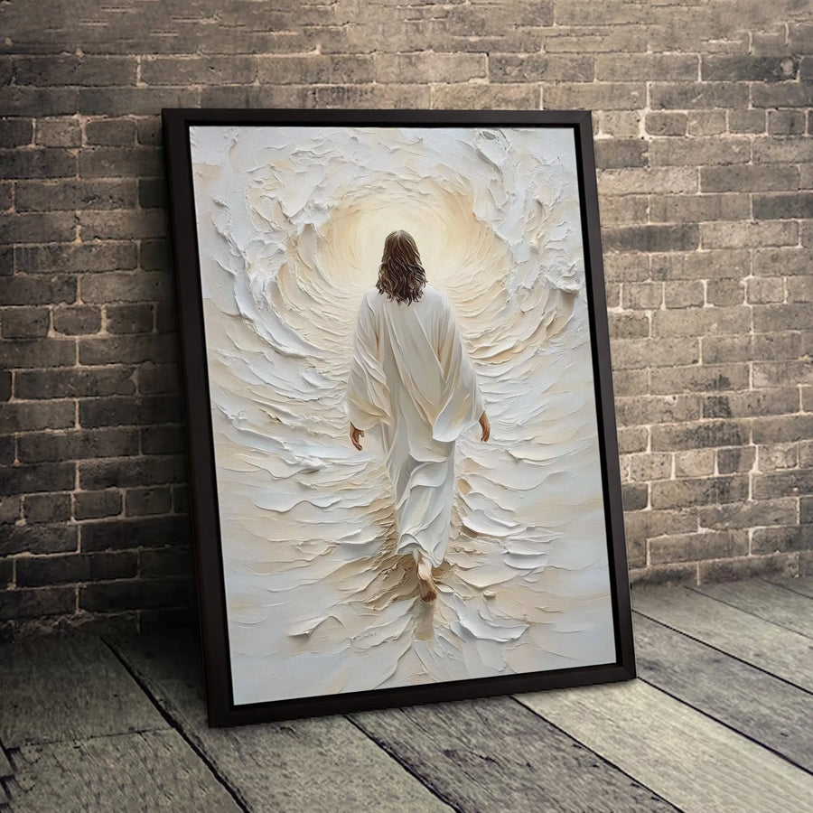 Jesus Walking Into Light Canvas | Textured Impasto Religious Wall Art | Premium Gallery Wrapped Print | Christian Home Decor Gift