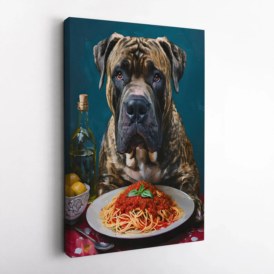 Cane Corso Wall Art | Funny Dog Eating Spaghetti Oil Painting Style | Premium Gallery Wrap Canvas | Unique Kitchen Decor Gift for Dog Lovers