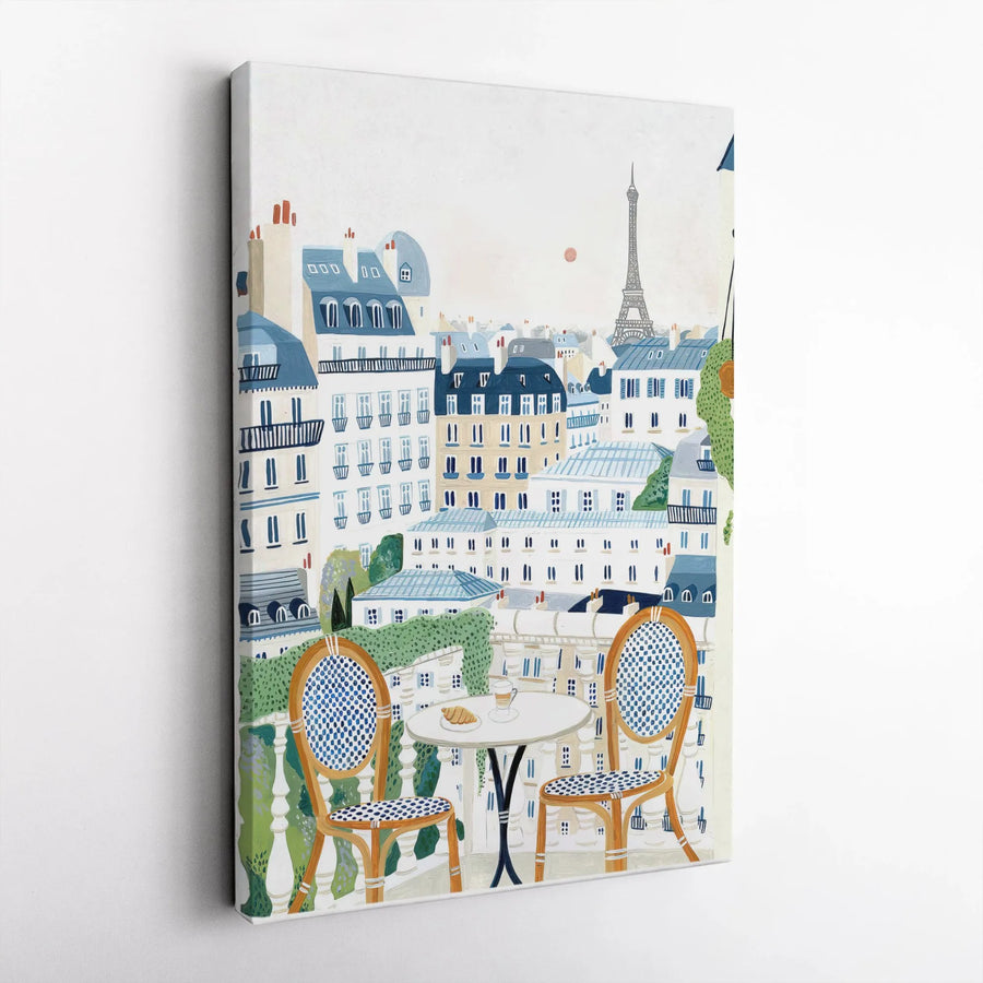 Parisian Balcony Canvas Print | Eiffel Tower View with Bistro Chairs | Premium 1.25 inch Gallery Wrap | Travel Decor Gift for Her