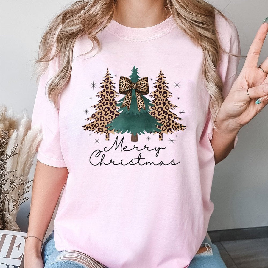 Leopard Print Christmas Tree T-Shirt | Coquette Bow Holiday Graphic | 100% Cotton Premium Tee | Festive Women's Gift Apparel