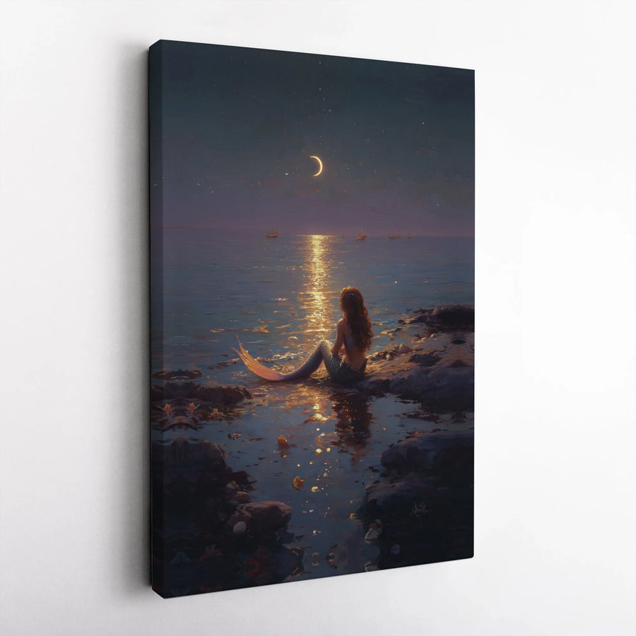 Moonlit Mermaid Canvas Wall Art | Fantasy Ocean Scene with Crescent Moon | Premium Gallery Print | Collector's Gift for Fantasy Lover