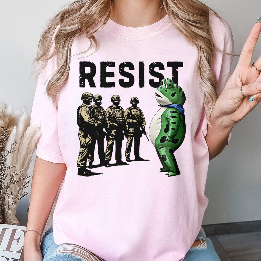 Resist Frog Graphic T-Shirt | Portland Protest Art Design | 100% Cotton Premium Tee | Unisex Activist Apparel Gift