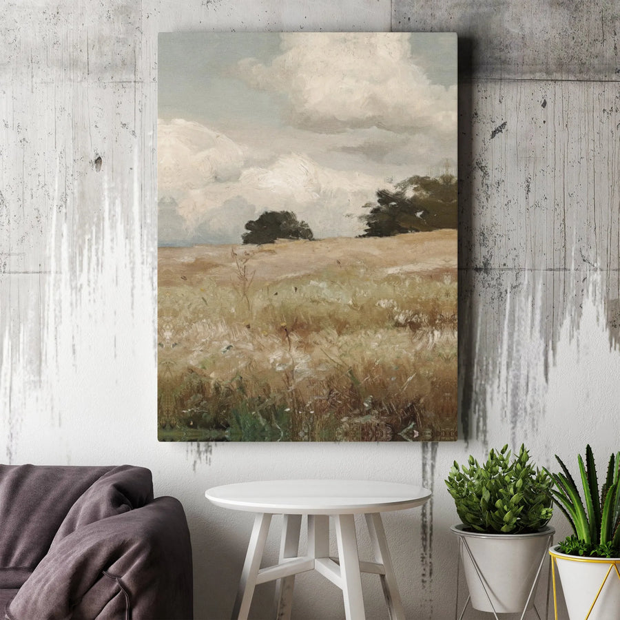 Vintage Landscape Canvas Art | Cloudy Meadow Field Oil Painting Style | Premium Gallery Wrap Wall Decor | Farmhouse Aesthetic Living Room Wall Art