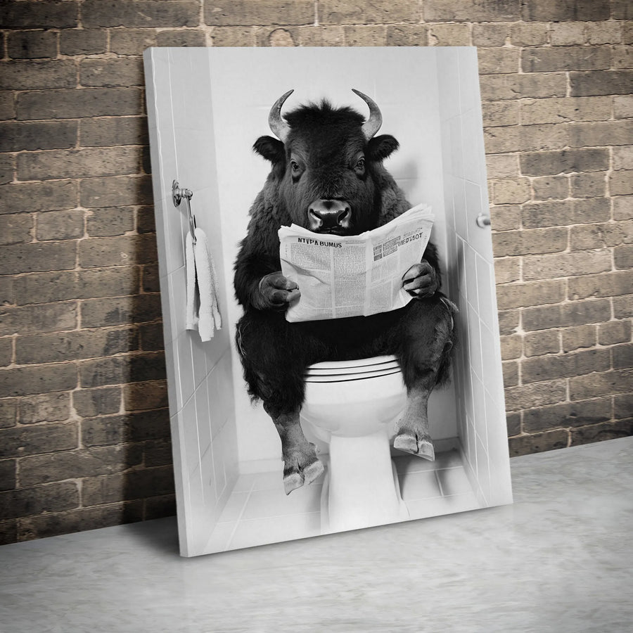 Funny Bison on Toilet Canvas Print | Black and White Animal Reading Newspaper Art | Premium Gallery Wrap Wall Decor | Unique Modern Bathroom Gift