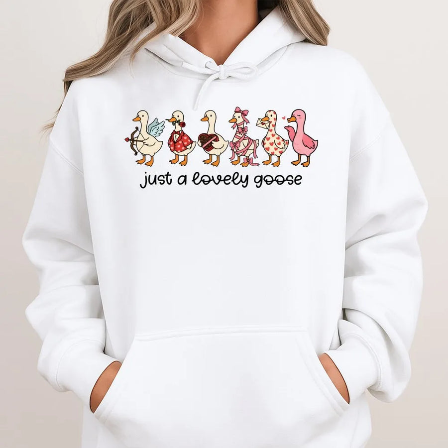 Lovely Goose Graphic Hoodie | Cute Valentine Animal Illustration | Premium Cotton Blend Sweatshirt | Romantic Gift for Her & Him
