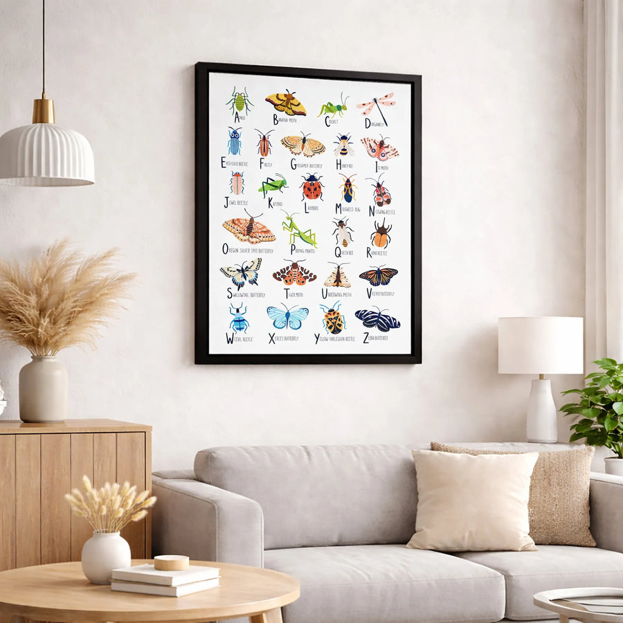 Insect Alphabet Wall Art | Educational Bug ABC Chart Print | Premium Gallery Wrapped Canvas | Nursery Decor for Nature Lovers