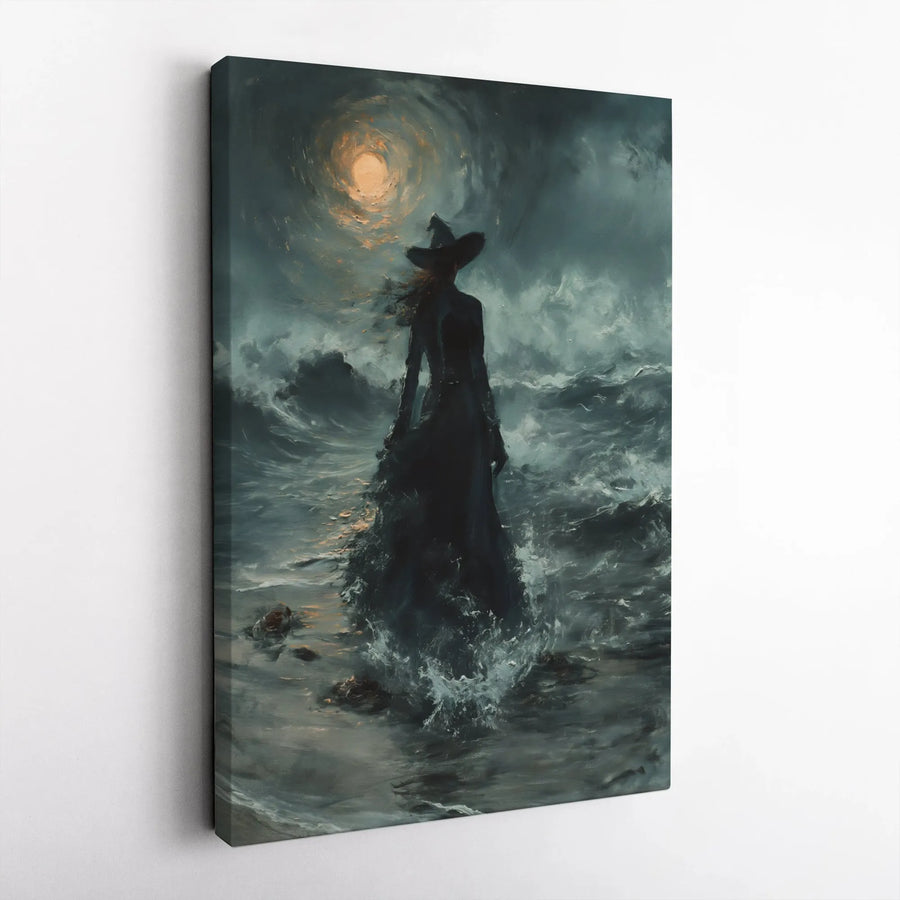 Gothic Witch Canvas Wall Art | Moody Stormy Ocean Witchcraft Decor | Premium Fade-Resistant Gallery Wrap | Dark Academia Fantasy Gift