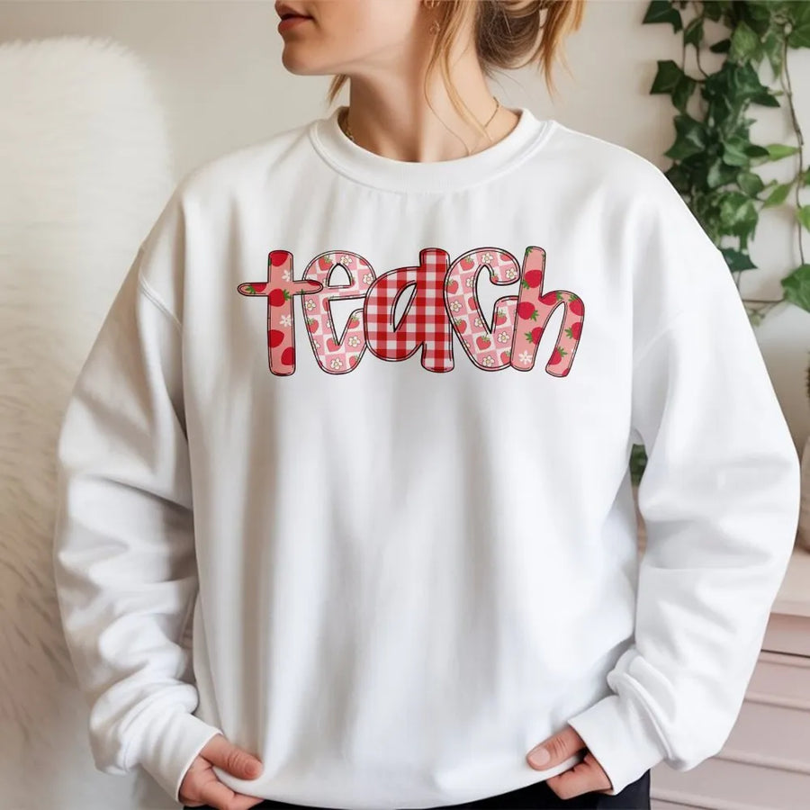 Teacher Sweatshirt | Strawberry Gingham Graphic Tee | Soft Cotton Top | Back to School Gift for Educators
