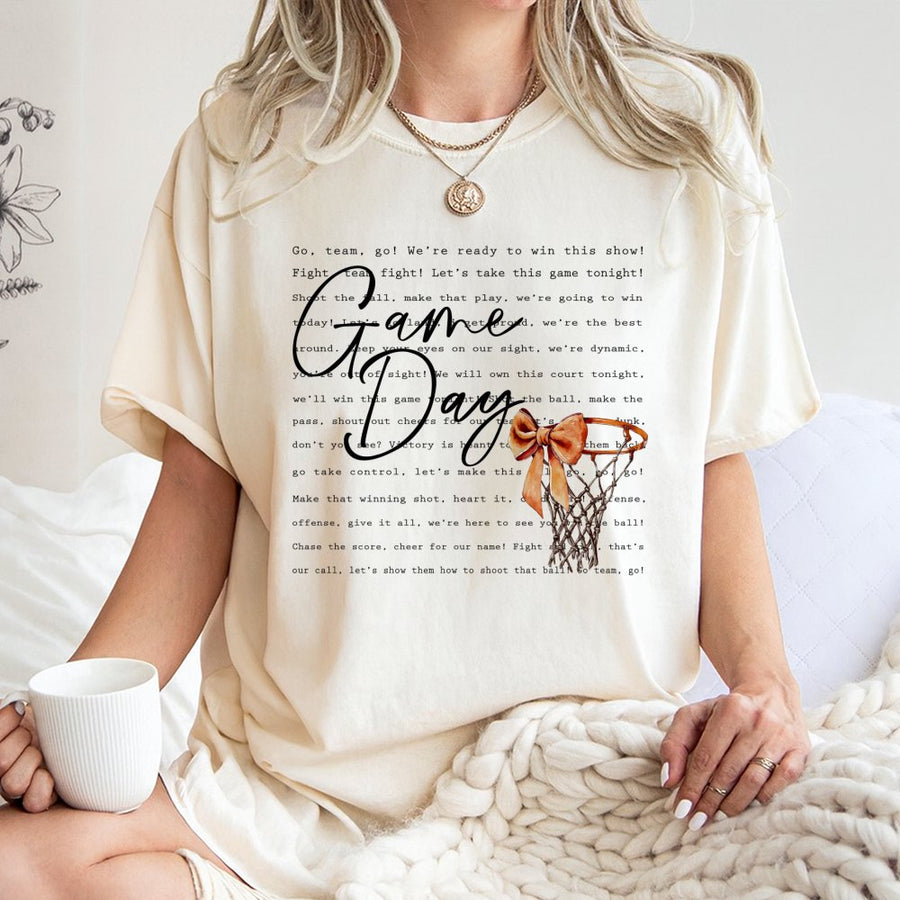 Game Day Basketball T-Shirt | Coquette Aesthetic Bow Hoop Graphic | Premium 100% Cotton Tee | Trendy Sports Mom Gift for Basketball Season