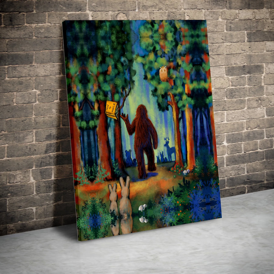Bigfoot Canvas Wall Art | Funny Sasquatch Finding 'How to Mingle' Book | Premium Gallery Wrapped Print | Unique Introvert Gift & Cabin Decor
