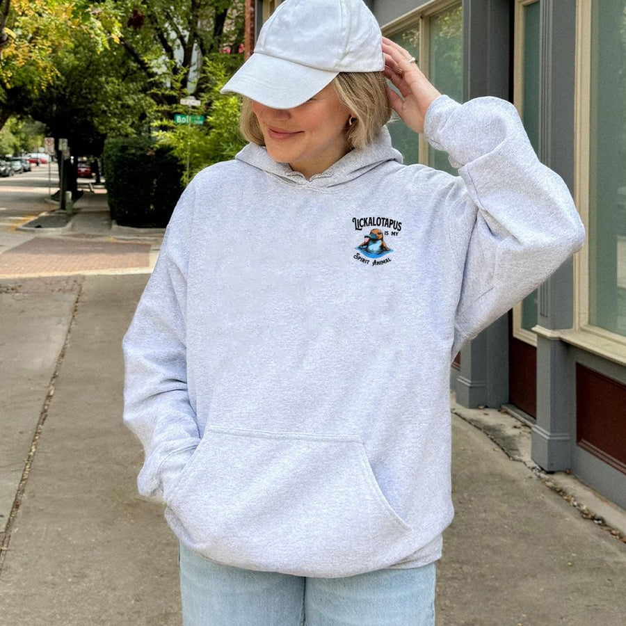 Lickalotapus Spirit Animal Hoodie | Funny Platypus Pun Graphic Print | Premium Cotton Blend Pullover | Humorous Gift for Animal Lovers