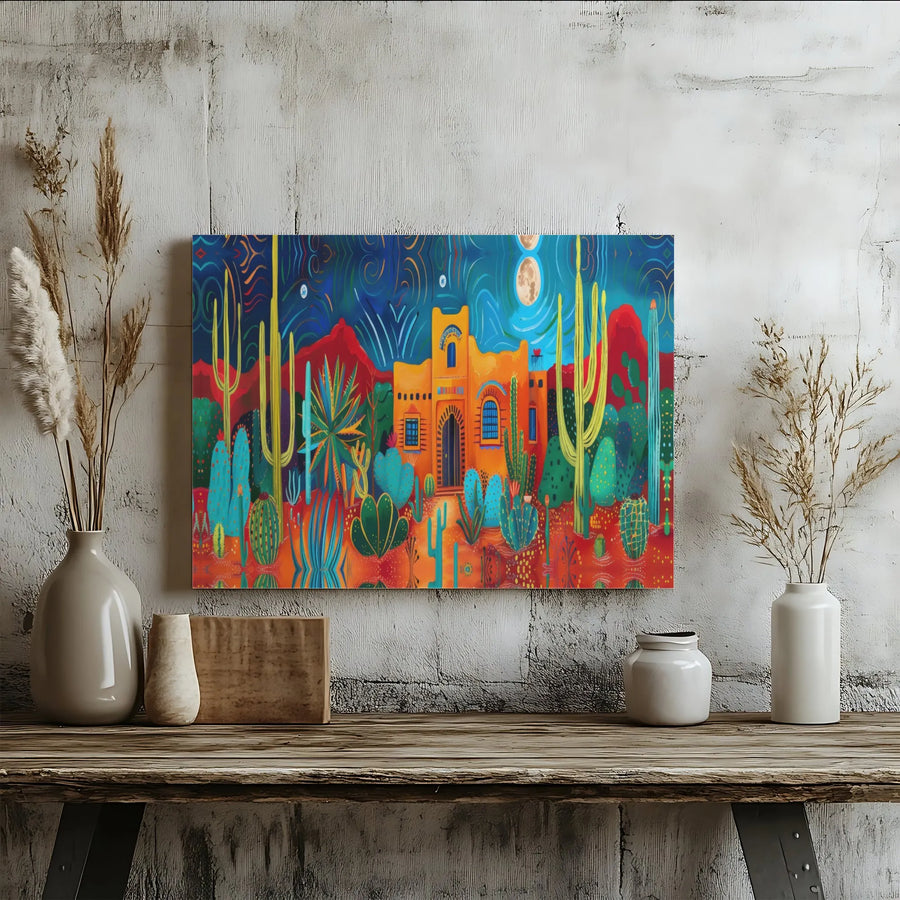 Southwestern Desert Canvas Wall Art | Psychedelic Cactus Adobe Hacienda Landscape | Premium Fade-Resistant Print | Bohemian Home Decor Gift