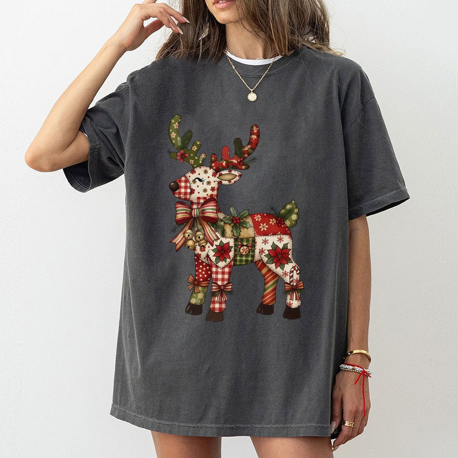 Christmas Reindeer T-Shirt | Festive Patchwork Holiday Graphic | Premium 100% Cotton Tee | Cute Xmas Gift for Women and Family