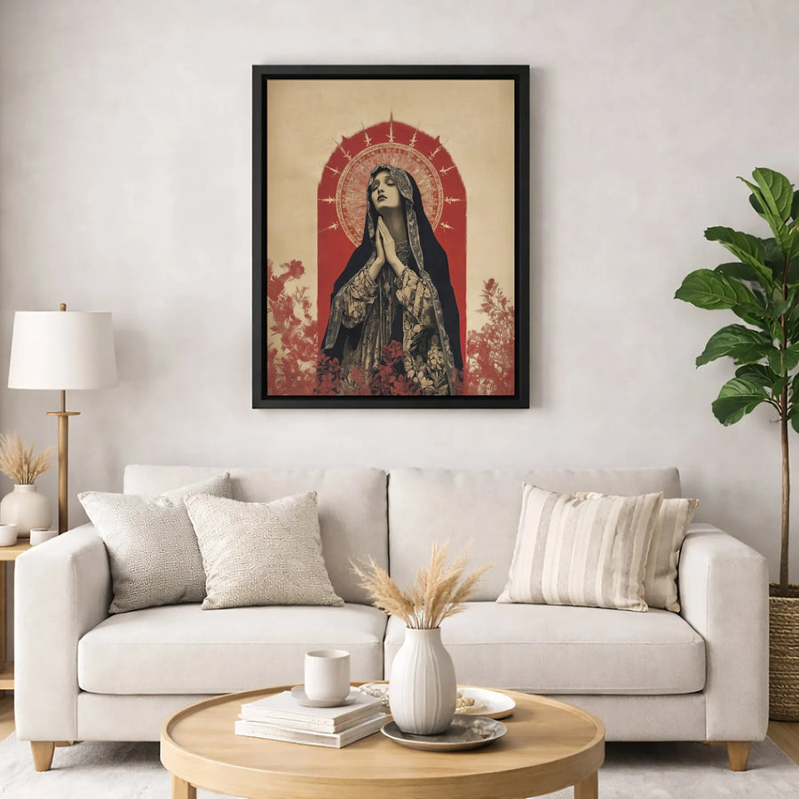 Virgin Mary Wall Art | Praying Madonna With Red Floral Halo | Premium Gallery Wrapped Canvas | Religious Home Decor Gift For Believers