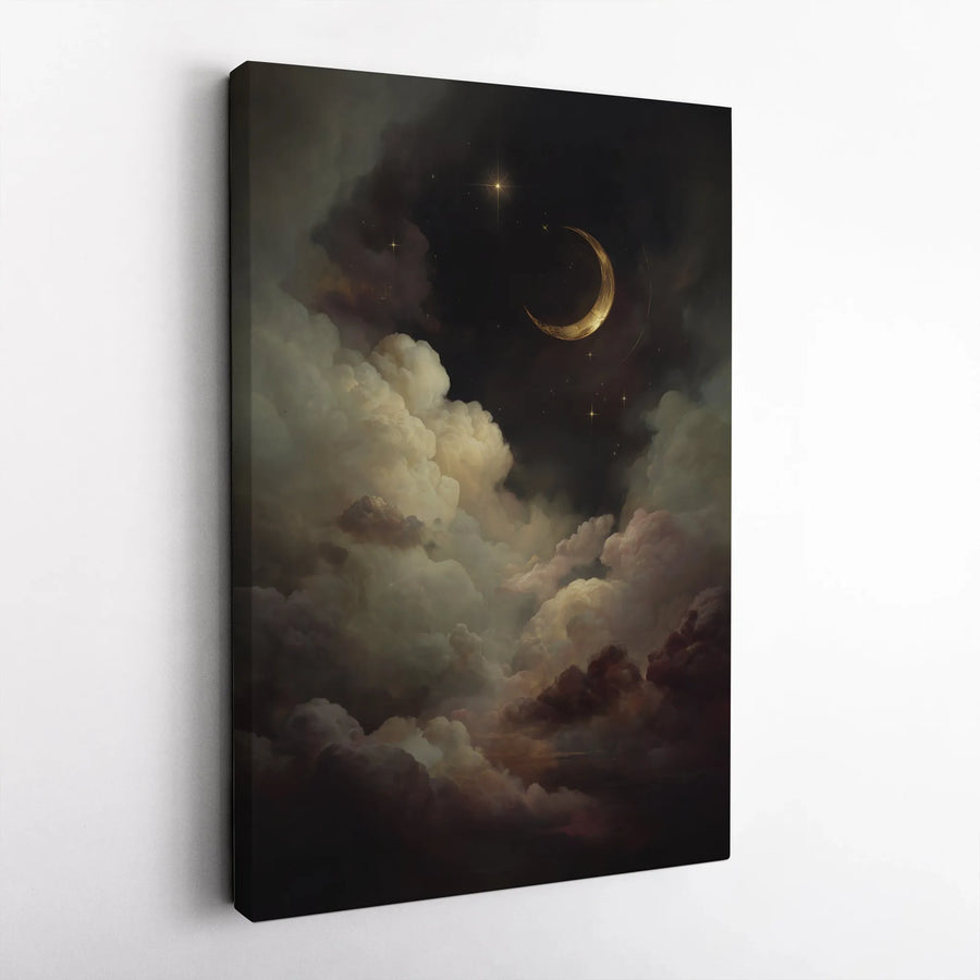 Golden Crescent Moon Wall Art | Celestial Cloudy Night Sky Print | Premium Gallery-Wrapped Canvas | Gothic Home Decor Gift for Bedroom
