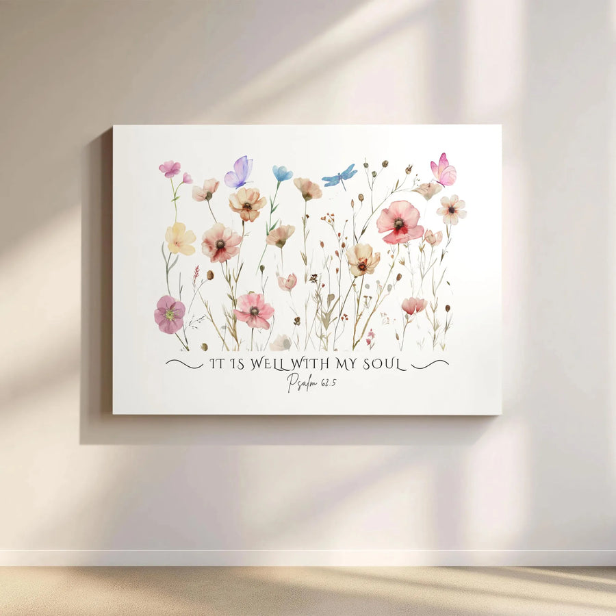 Psalm 62:5 Christian Wall Art | Watercolor Wildflower 'It Is Well With My Soul' Print | Premium Gallery Canvas | Religious Home Decor & Inspirational Gift