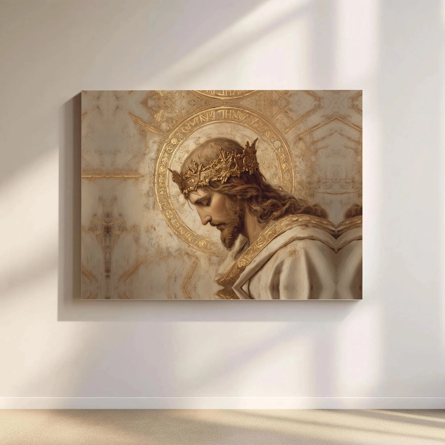 Jesus Portrait Canvas Print | Gold Crown And Halo Religious Wall Art | Premium Gallery Wrap | Christian Home Decor Gift