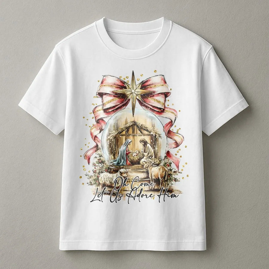 Nativity Scene T-Shirt | Oh Come Let Us Adore Him Graphic | Premium Soft Cotton Christian Christmas Tee | Religious Holiday Gift for Women & Men