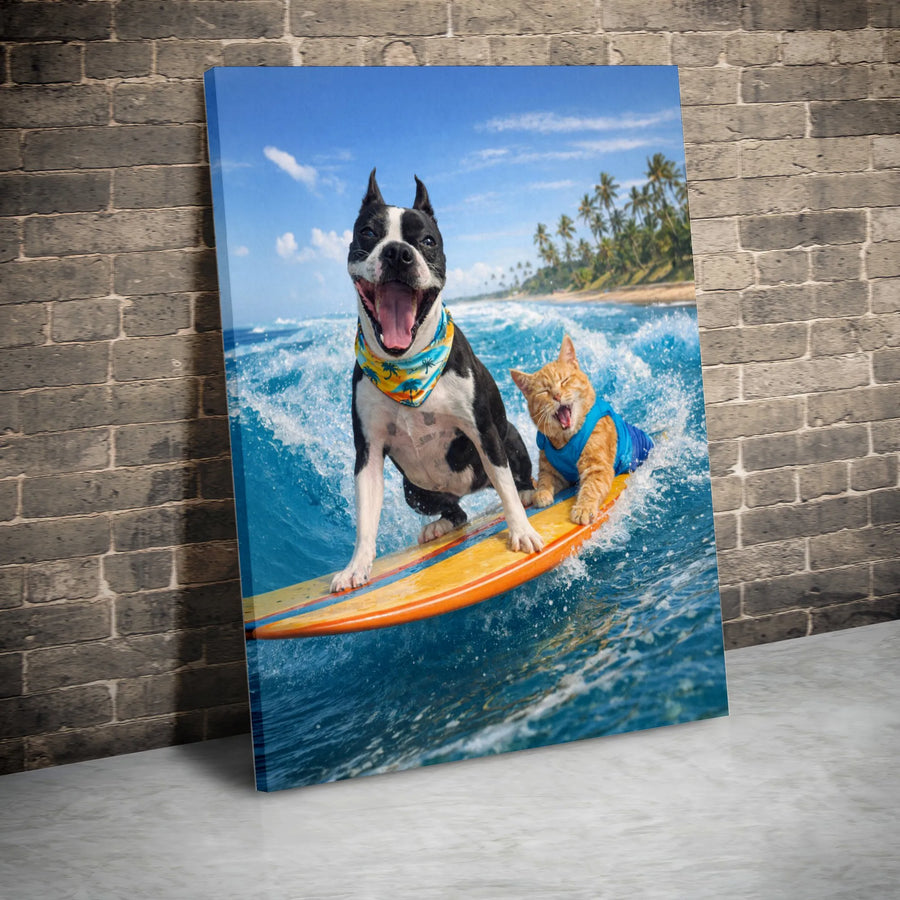 Surfing Dog and Cat Canvas Print | Funny Pet Wall Art with Tropical Beach Scene | Premium Frameless Canvas | Coastal Home Decor Gift for Pet Lovers