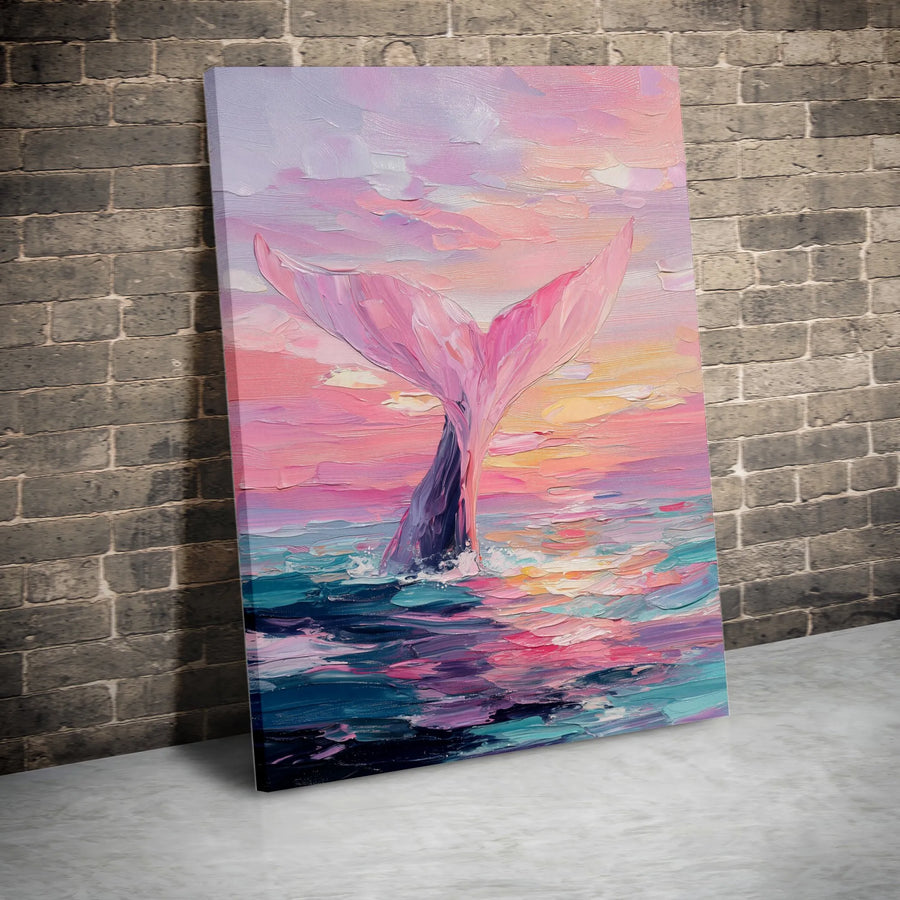 Whale Tail Canvas Art | Pink Sunset Ocean Impasto Painting | Premium Fade-Resistant Print | Coastal Beach House Wall Decor Gift