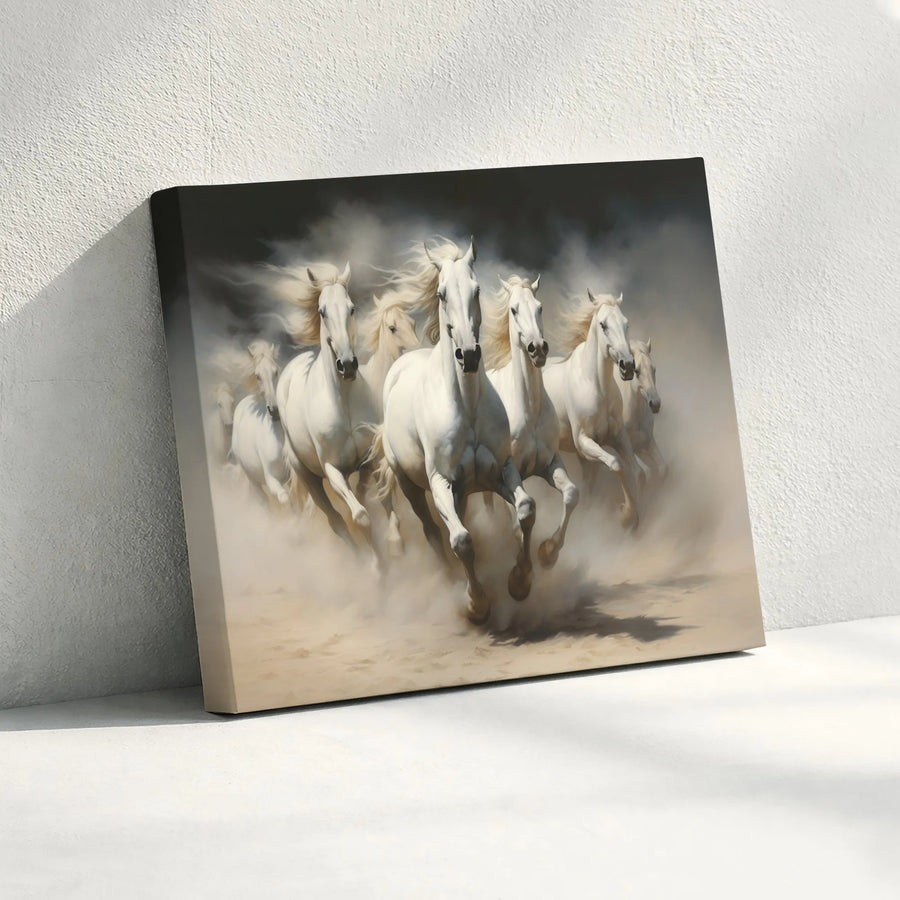 Running White Horses Canvas Wall Art | Majestic Seven Horse Herd Painting | Premium Gallery Wrapped Canvas | Equestrian Home Decor Gift