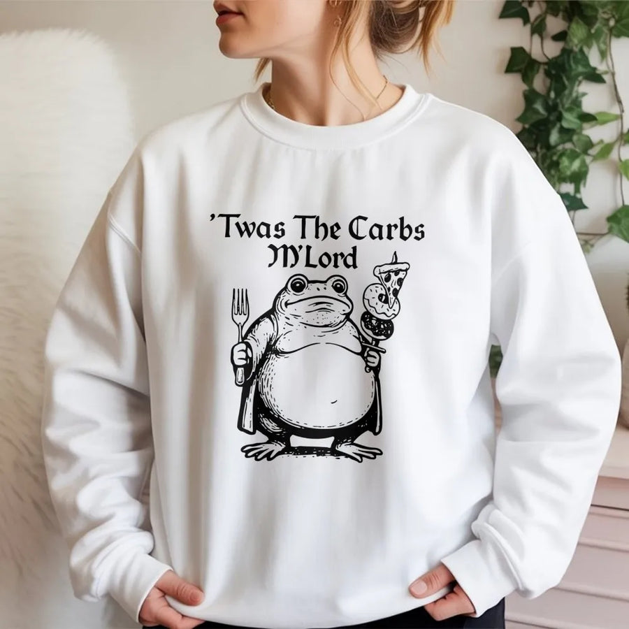 Funny Frog Sweatshirt | 'Twas The Carbs M'Lord Meme Design | Premium Cotton Blend Crewneck | Gift For Foodie And Cottagecore Lover