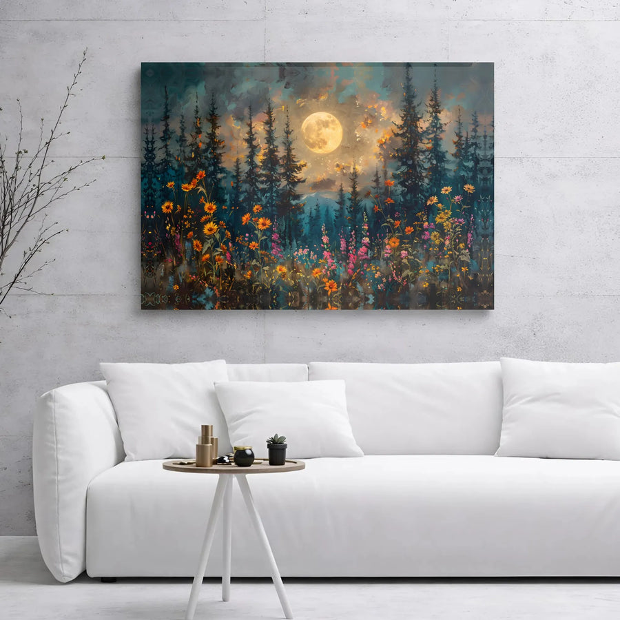 Enchanted Forest Canvas Wall Art | Wildflowers and Full Moon Print | 1.25-Inch Gallery Wrap Frame | Nature Home Decor Gift