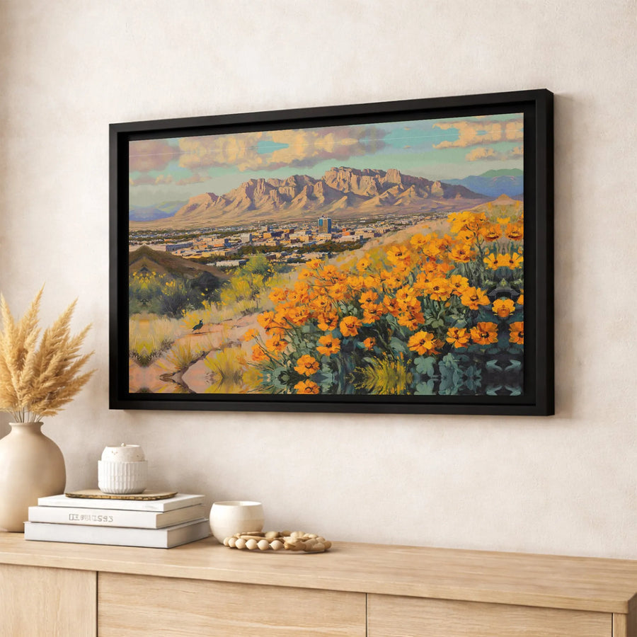 Southwestern Desert Landscape Canvas Wall Art | Orange Poppy Mountain View | Premium Gallery Wrap Print | Arizona Home Decor Gift