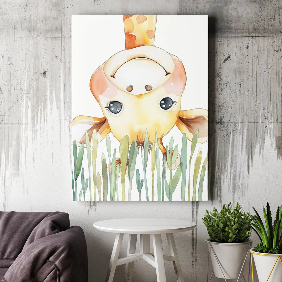 Cute Giraffe Canvas Wall Art | Whimsical Upside Down Watercolor Painting | Premium Gallery Wrapped Canvas | Nursery Decor Gift for Kids