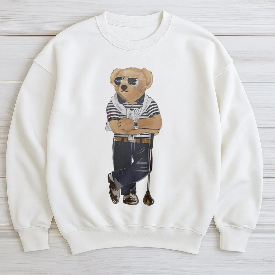 Golf Bear Sweatshirt | Preppy Aesthetic Golfer Graphic | Premium Cotton Blend Unisex Crewneck | Sporty Birthday Gift for Golf Lovers