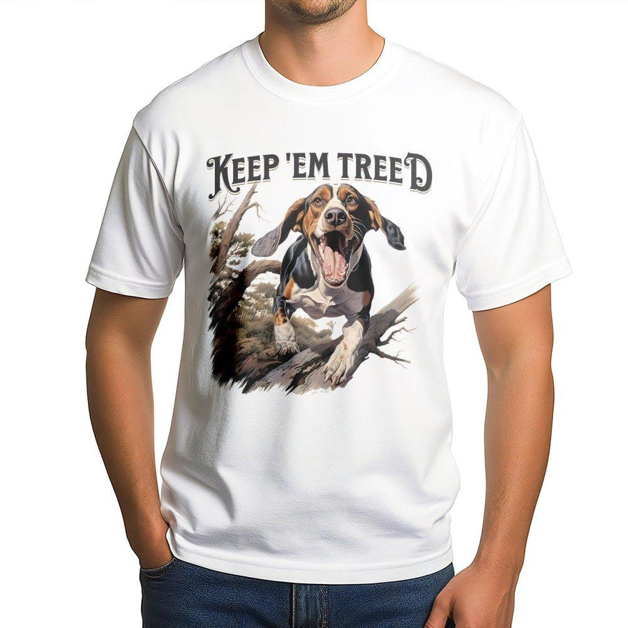 Keep 'Em Treed T-Shirt | Coon Hunting Hound Dog Graphic | Premium Cotton Outdoorsman Apparel | Perfect Gift For Hunters And Wildlife Enthusiasts