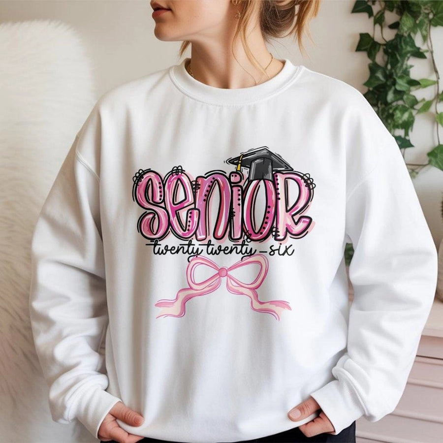Senior 2026 Sweatshirt | Aesthetic Pink Bow Graduation Cap Graphic | Premium Cotton Blend Crewneck | Trendy Class of 2026 Senior Year Gift