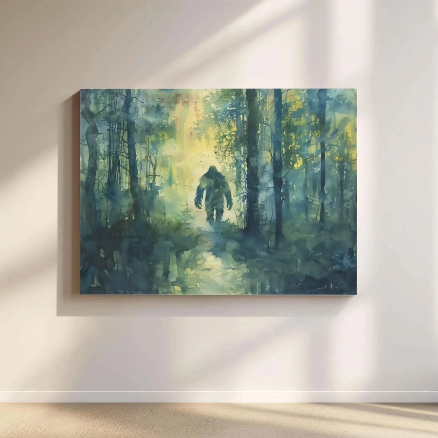 Bigfoot Wall Art Canvas | Misty Forest Watercolor Print | Premium Gallery Wrapped Decor | Unique Cryptid Gift for Nature Lovers