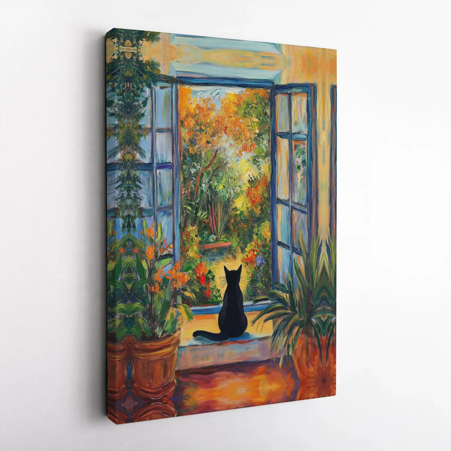 Black Cat Wall Art Canvas | Impressionist Garden Window View | Gallery Wrapped 1.25 Inch Profile | Premium Home Decor Gift for Cat Lovers