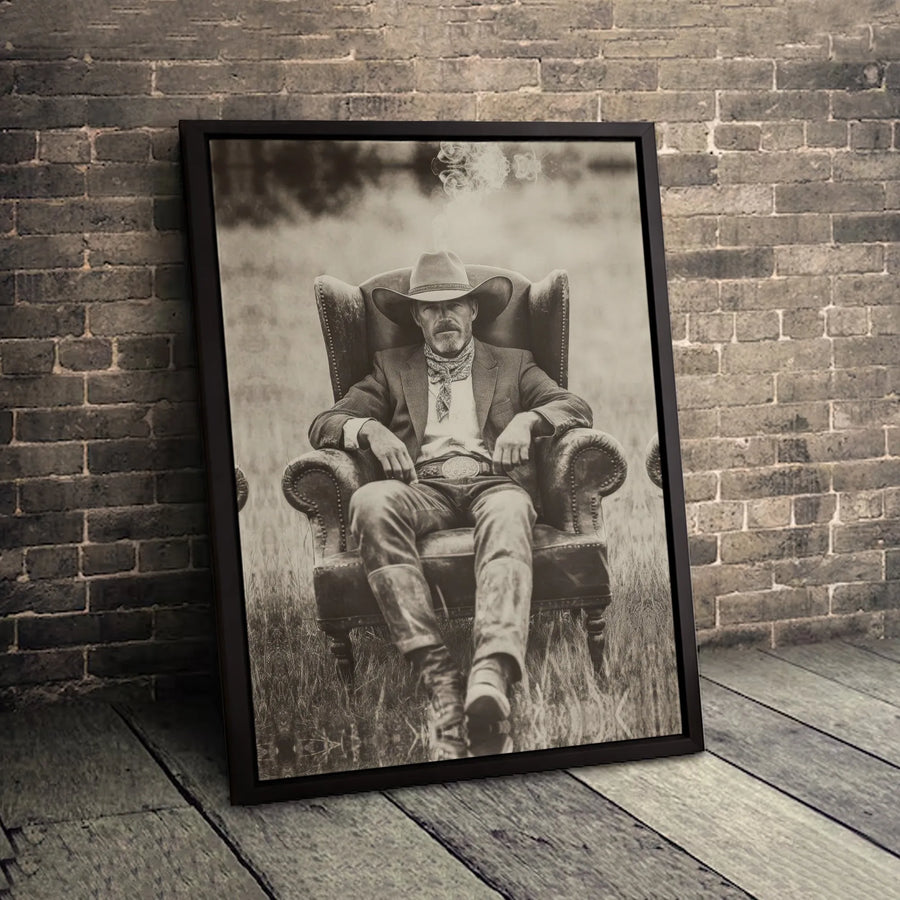 Cowboy Wall Art Canvas | Vintage Smoking Western Portrait | Gallery Quality 1.25 Inch Wrap | Rustic Home Decor & Office Gift