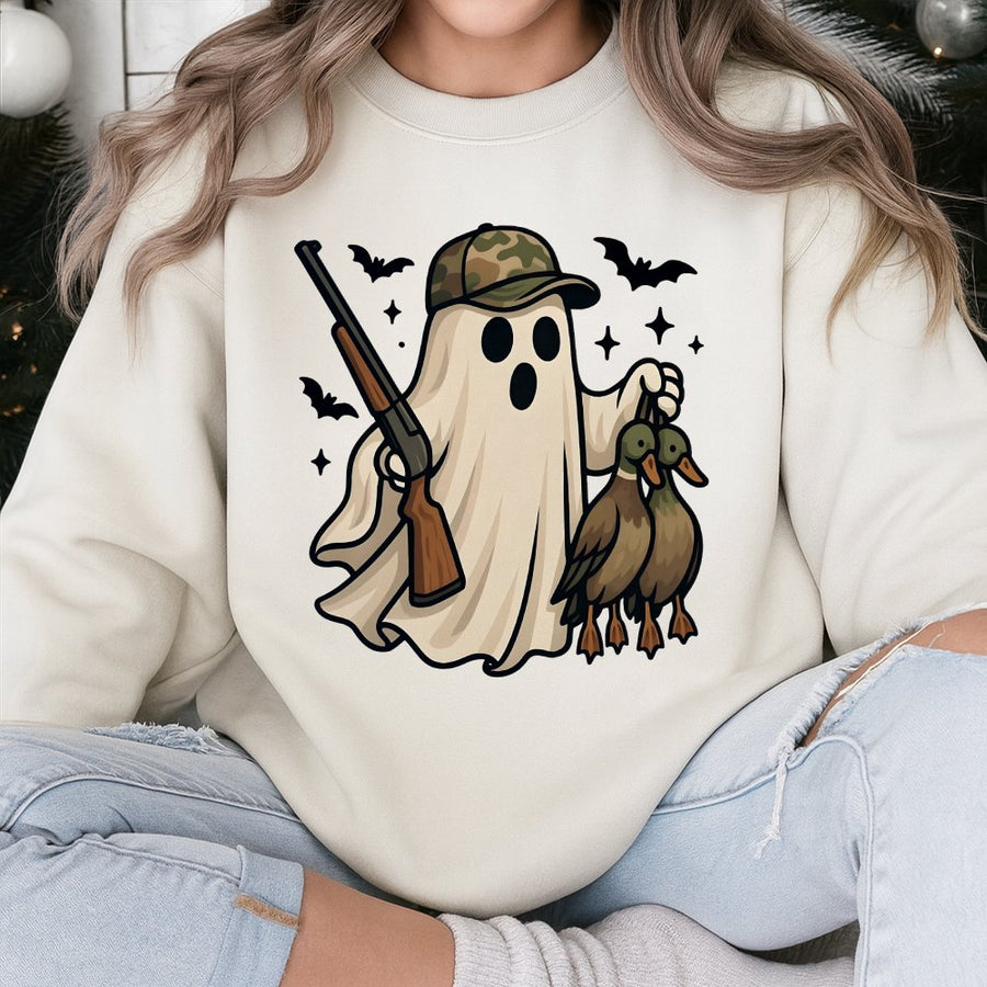 Funny Duck Hunter Ghost Sweatshirt | Halloween Hunting Camo Hat Graphic | Premium Cotton Blend | Gift For Hunters Outdoorsmen