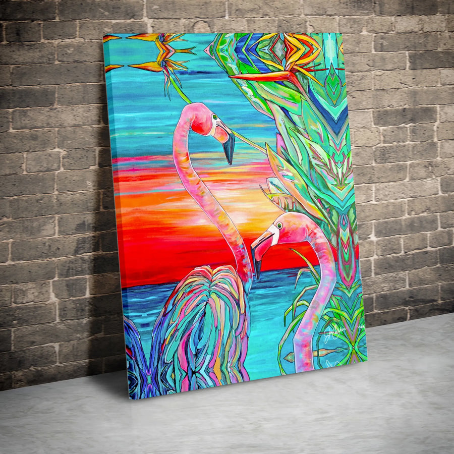 Tropical Flamingo Canvas Art | Vibrant Sunset Bird of Paradise Print | 1.25 Inch Gallery Wrap | Coastal Boho Home Decor Gift