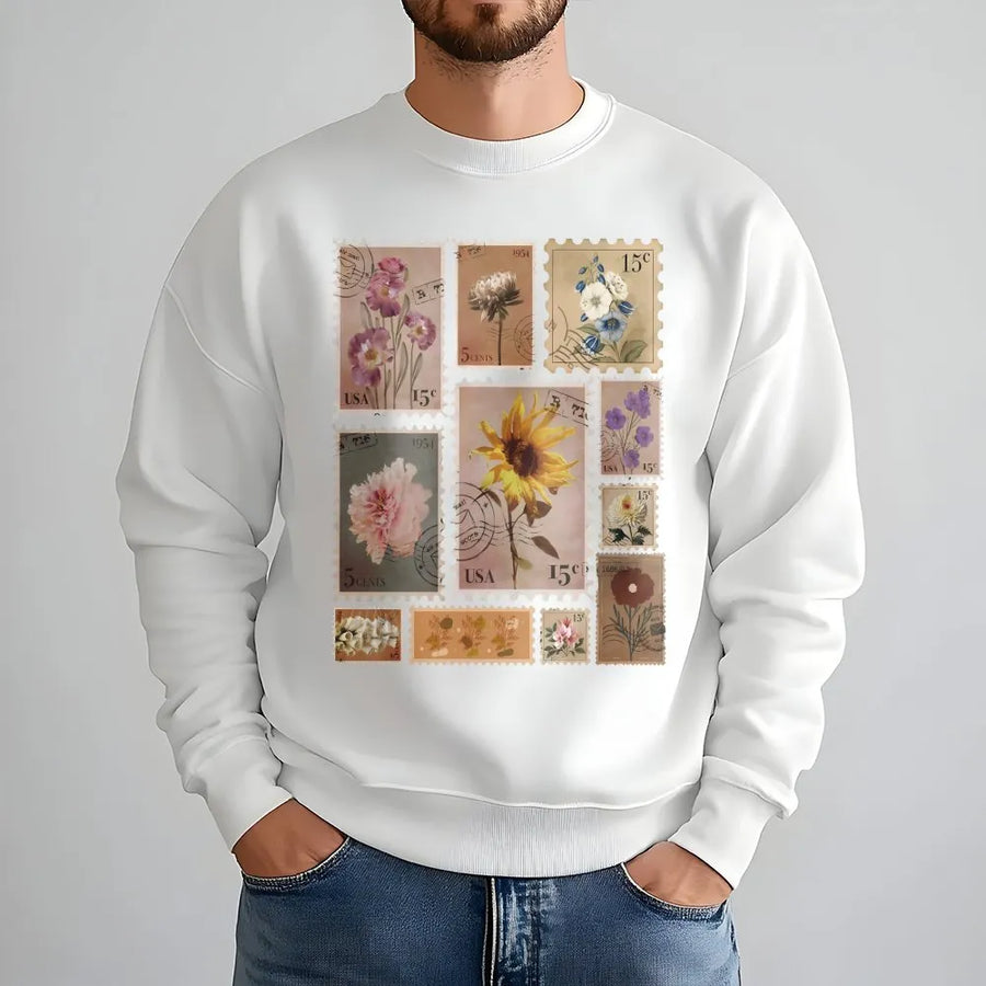 Vintage Flower Stamp Sweatshirt | Botanical Postage Stamp Graphic | Soft Cotton Blend | Gift for Plant Lover