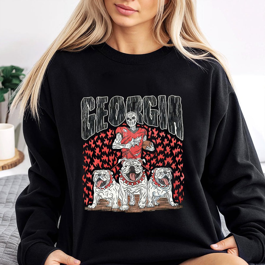 Georgia With A Skeletal Football Player Holding A Football, Three Bulldogs, And Flames Sweatshirt